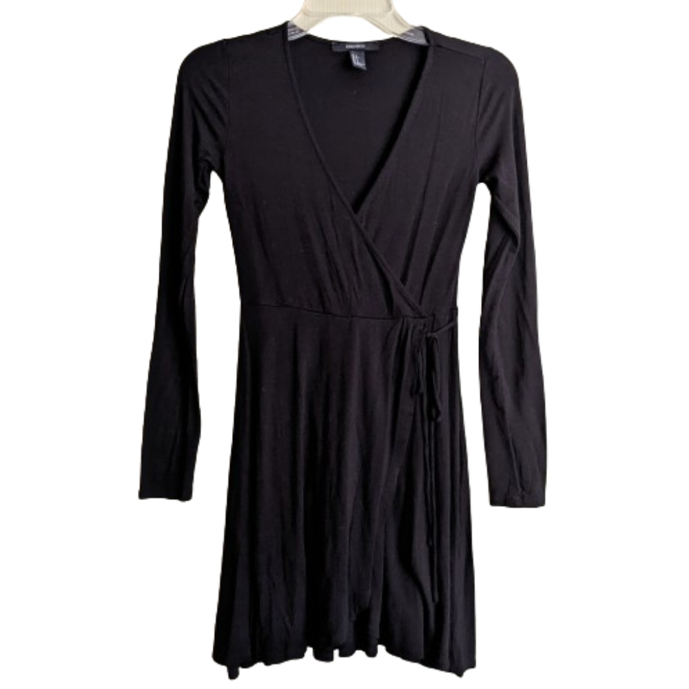 Forever 21 Dress Black Faux Wrap Slinky Stretchy Knit Long Sleeves V-neck